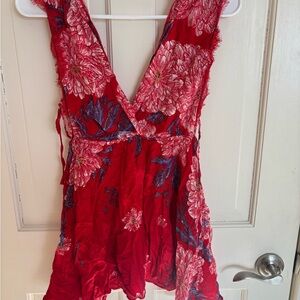 Free People Red Floral V-Neck Blouse